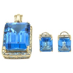 Retro Large Emerald Cut Blue Topaz Yellow Gold Pendant with Matching Earrings