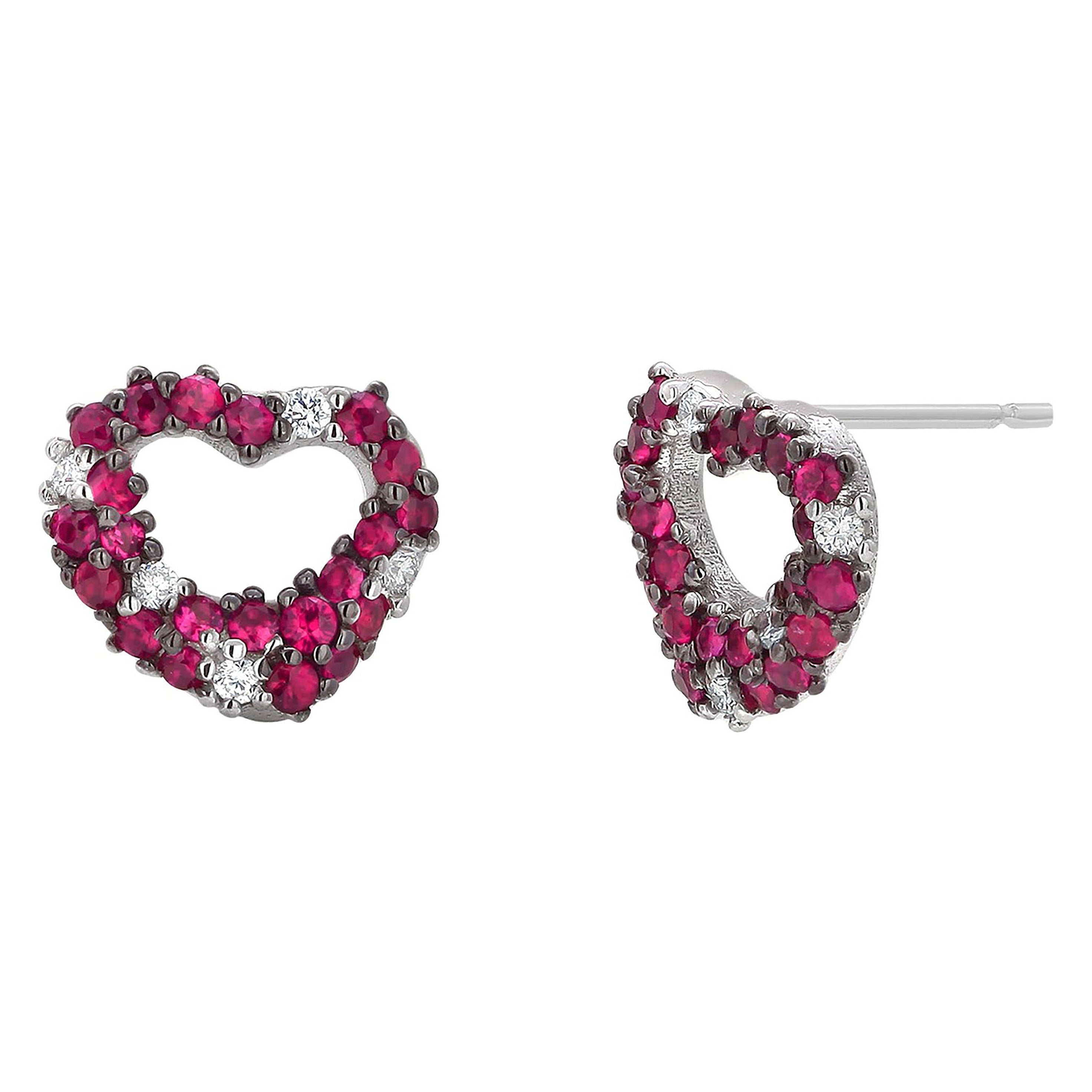 Ruby and Diamond 1.25 Carat Open Puffed Heart White Gold Stud Earrings