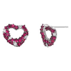 Ruby and Diamond 1.25 Carat Open Puffed Heart White Gold Stud Earrings