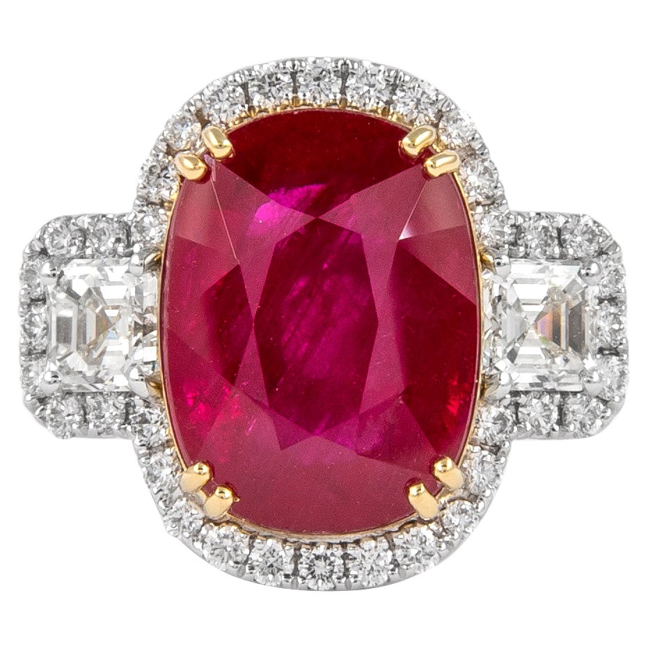 Alexander GIA Certified 10.24ct Ruby with Diamond Three Stone Halo Ring 18k For Sale