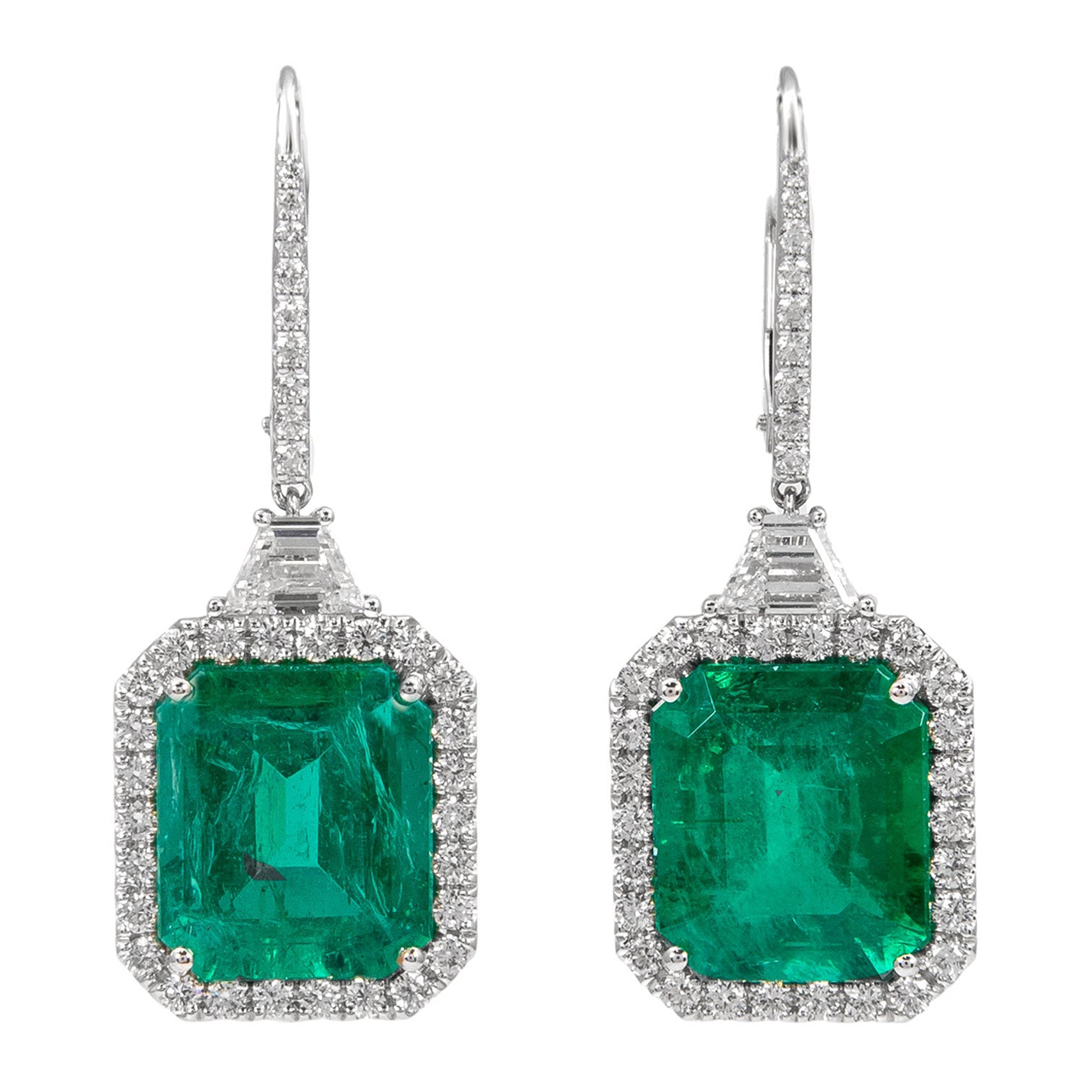 Alexander GIA & C.Dunaigre 13.08ct Emerald with Diamond Halo Drop Earrings 18k For Sale