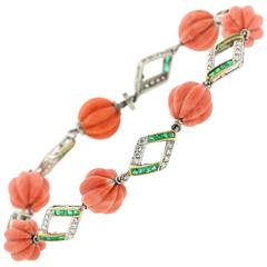 Art Deco Coral Emerald Diamond Platinum Bracelet 1