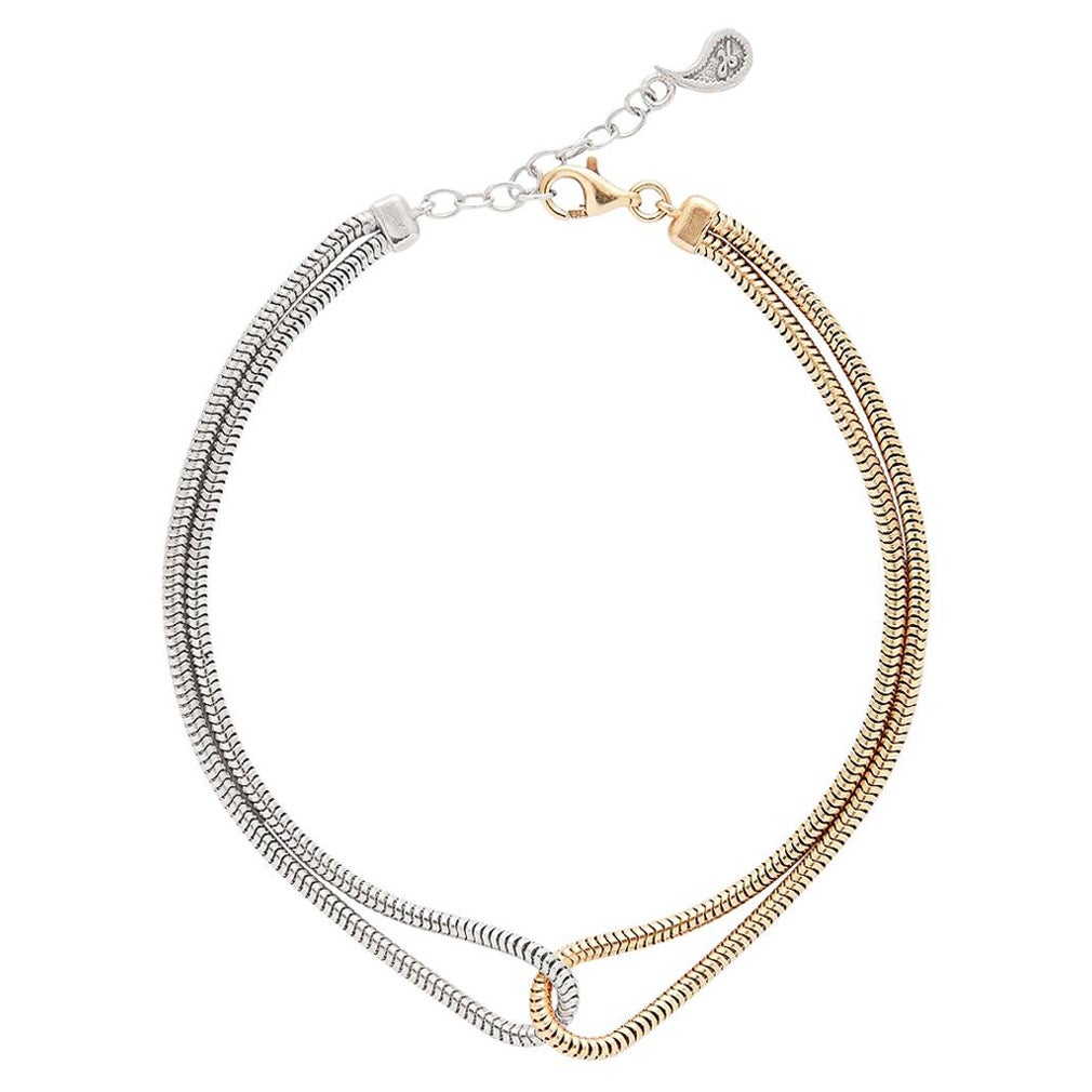 Bracelet Minimal Double Snake Chain 18K Gold Plated Silver Mixed Greek Jewelry For Sale