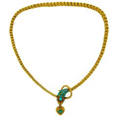 Antique 1900s Victorian Turquoise Diamond Gold Snake Necklace with Heart Locket