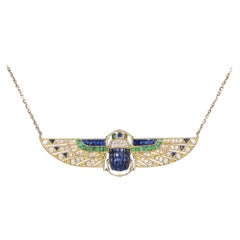 Art Deco Style Scarab Necklace Pendant Diamond Sapphire Emerald 14k Gold 