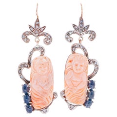 Pink Cora, Sapphires, Diamonds, 14 Karat Rose Gold and Silver Earrings.