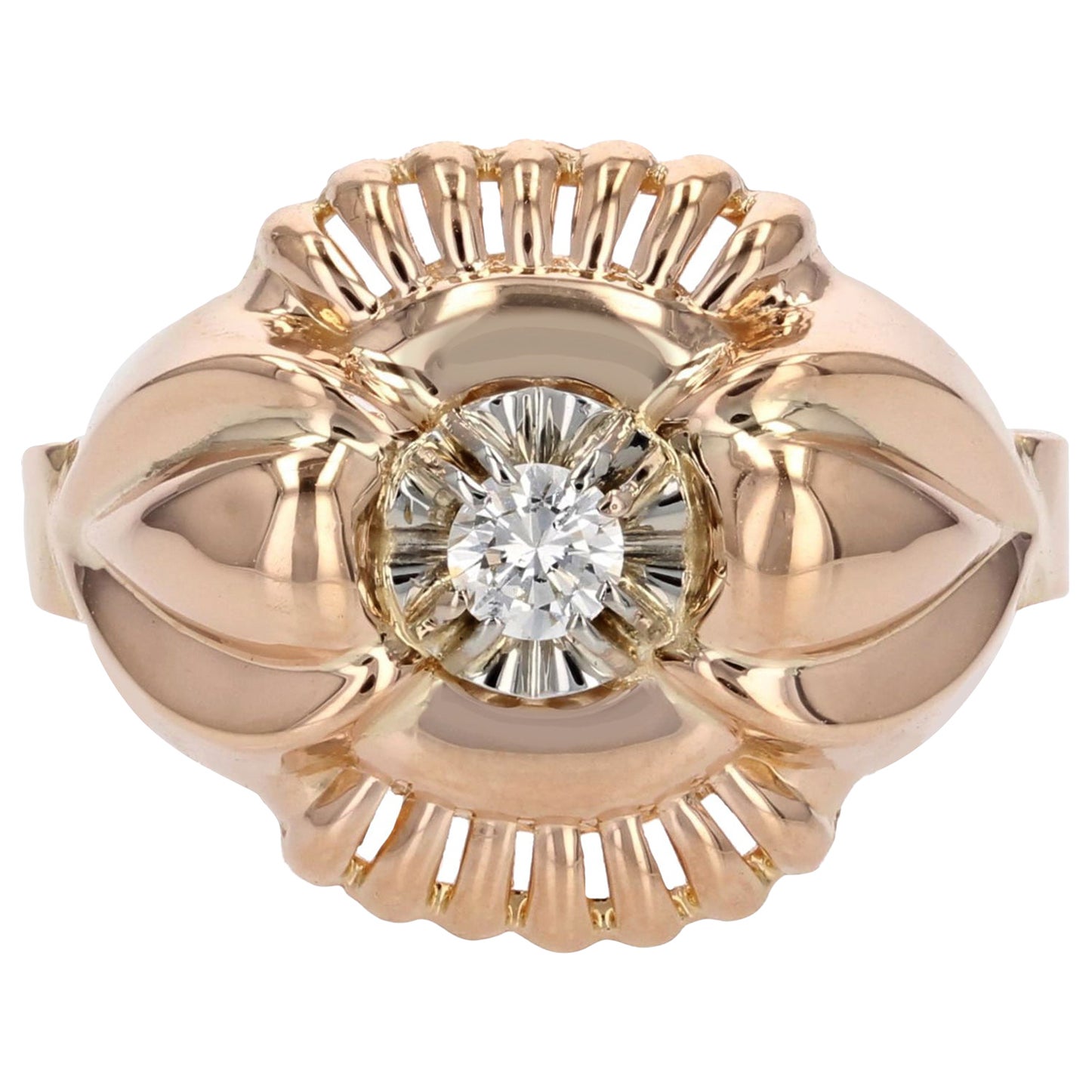 French 1960s Retro Diamond 18 Karat Rose Gold Ring For Sale