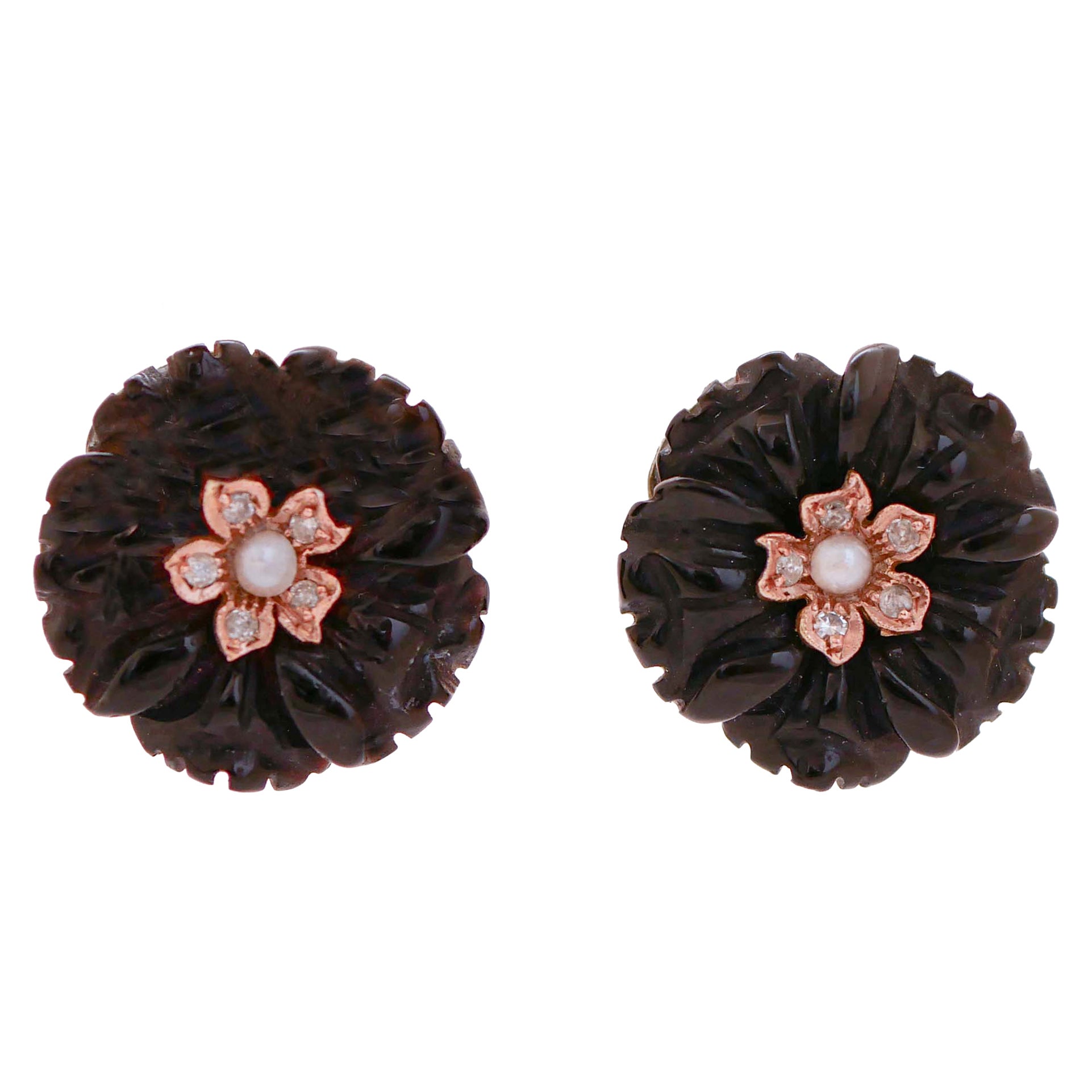 Onyx, Diamonds, Rose Gold and Silver Flower Earrings.