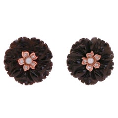 Retro Onyx, Diamonds, Rose Gold and Silver Flower Earrings.