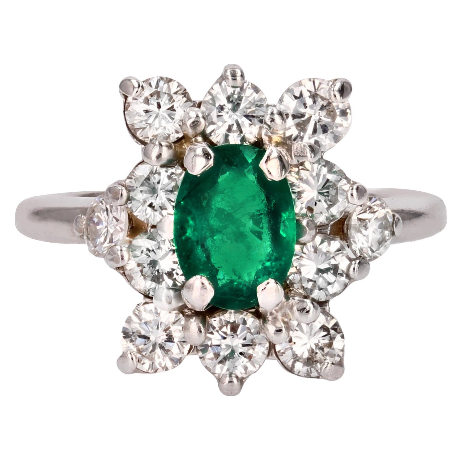 1970s Emerald Diamonds 18 Karat White Gold Daisy Ring For Sale