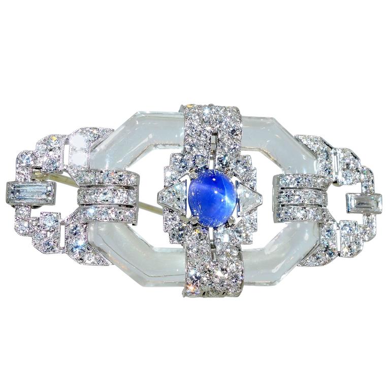 Art Deco rock crystal star sapphire diamond platinum brooch at 1stDibs