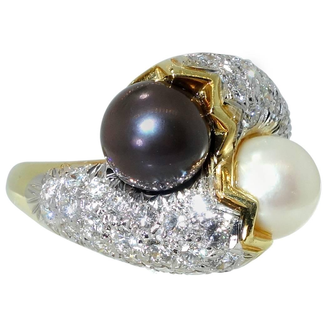 Twin Pearl Diamond Gold Toi et Moi Ring
