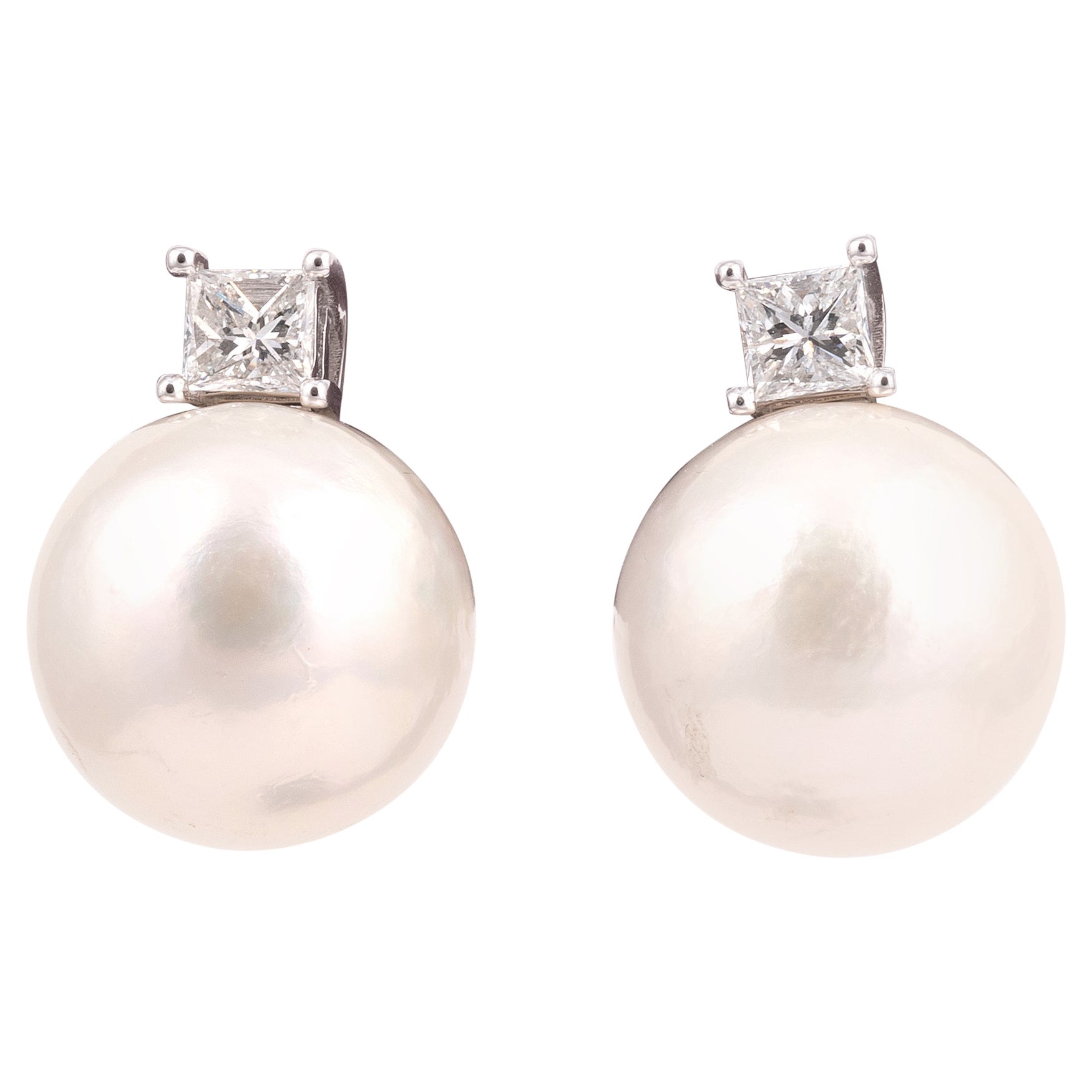 Pair of South Sea Cultured Pearl and Diamond Earrings For Sale