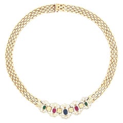 Exquisite 14k Yellow Gold Multi Gemstone Diamond Necklace