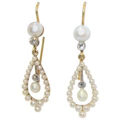 Edwardian Natural Pearl Diamond Gold Platinum Earrings 12