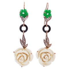 Coral, Green Agate, Onyx, Diamonds, Pearls, Rose Gold and Silver Dangle Earrings