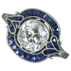 Vintage 2.00ct Old Mine Cut Diamond 0.84ct French Cut Sapphire Platinum Target Halo Ring