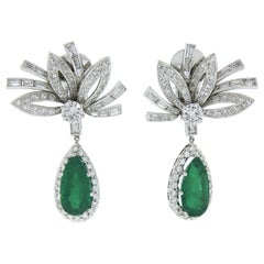 Vintage Platinum GIA Colombian Emerald & Diamond Large Flower Dangle Earrings