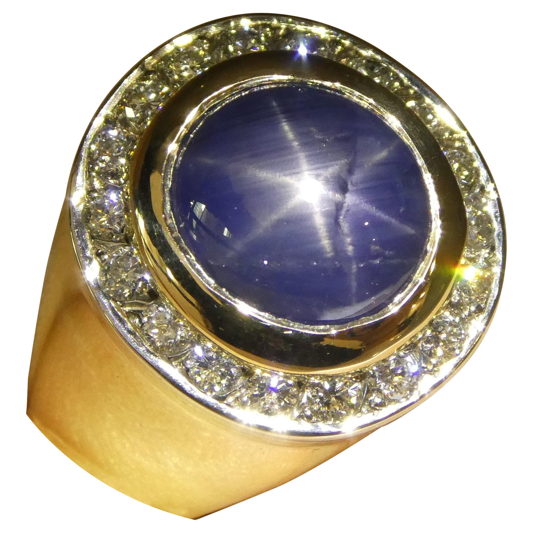 6.42ct Blue Star Sapphire, Diamond Gent's Ring set in 14k Yellow & White Gold For Sale