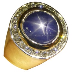 6,42ct Blue Star Saphir, Diamant Herrenring in 14k Gelb- und Weißgold gefasst