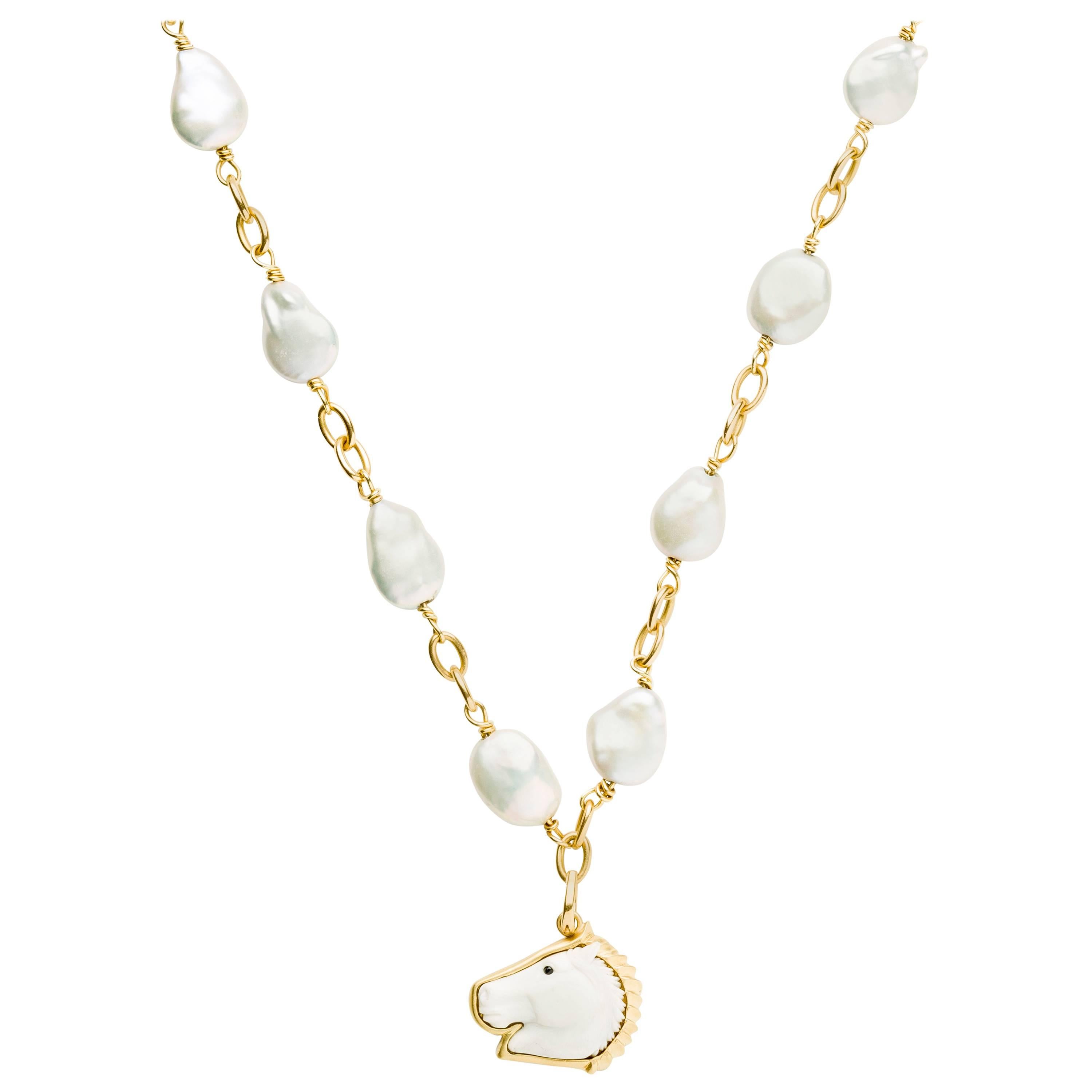 Pearl Gold Chain with Horse Head Pendant