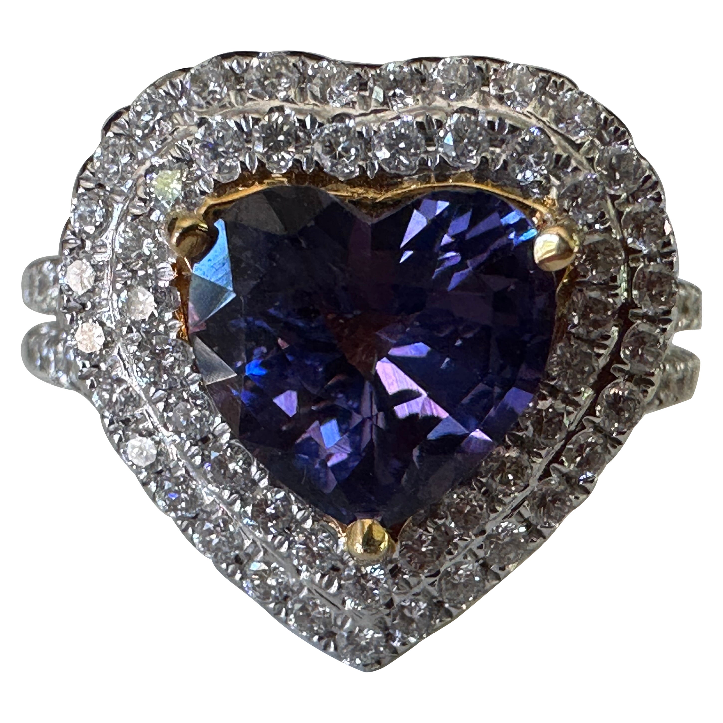 Natural Purple Madagascar Sapphire and Diamond Heart Ring  For Sale