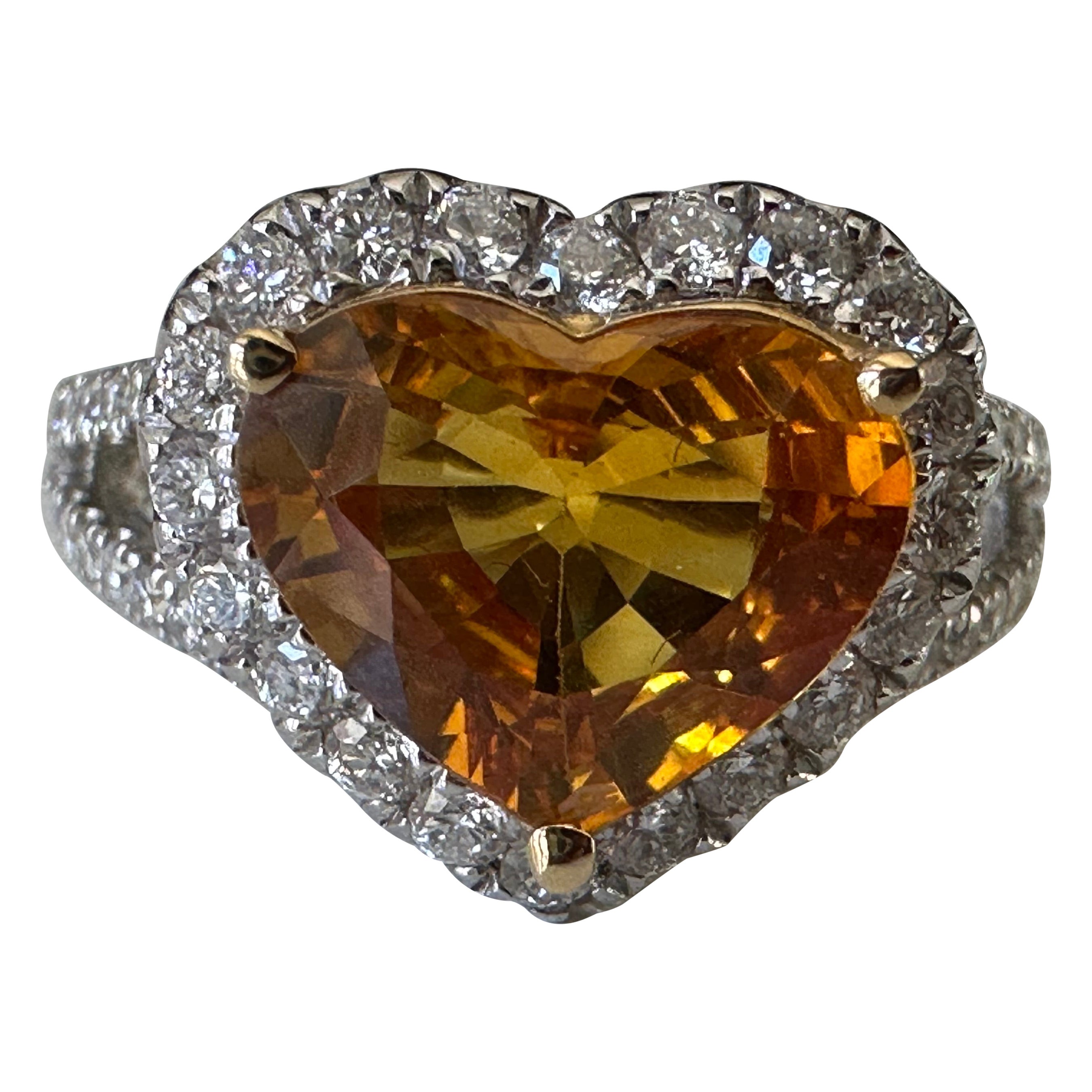 Natural Yellow Sri Lankan Sapphire and Diamond Heart Ring  For Sale
