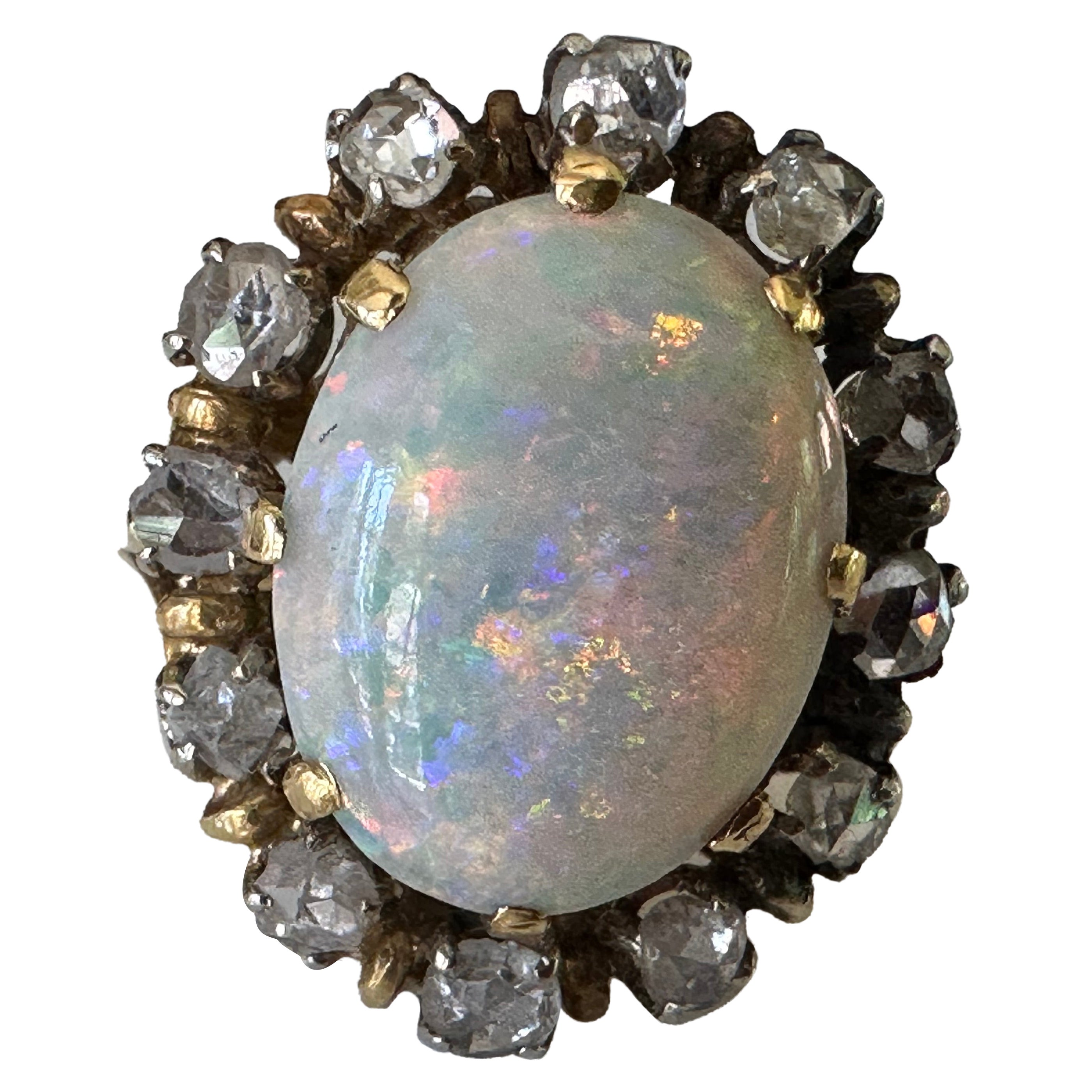 Antique Victorian Australian Opal and Diamond Cocktail Ring 