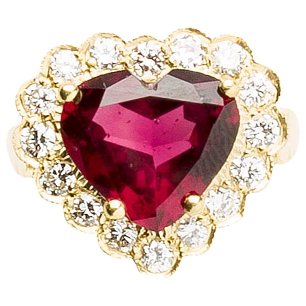 Garnet Diamond Gold Princess Heart Shaped Ring 