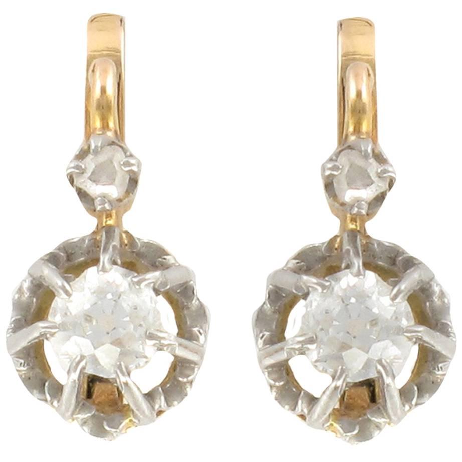 French Antique Diamond Gold Sleeper Earrings 