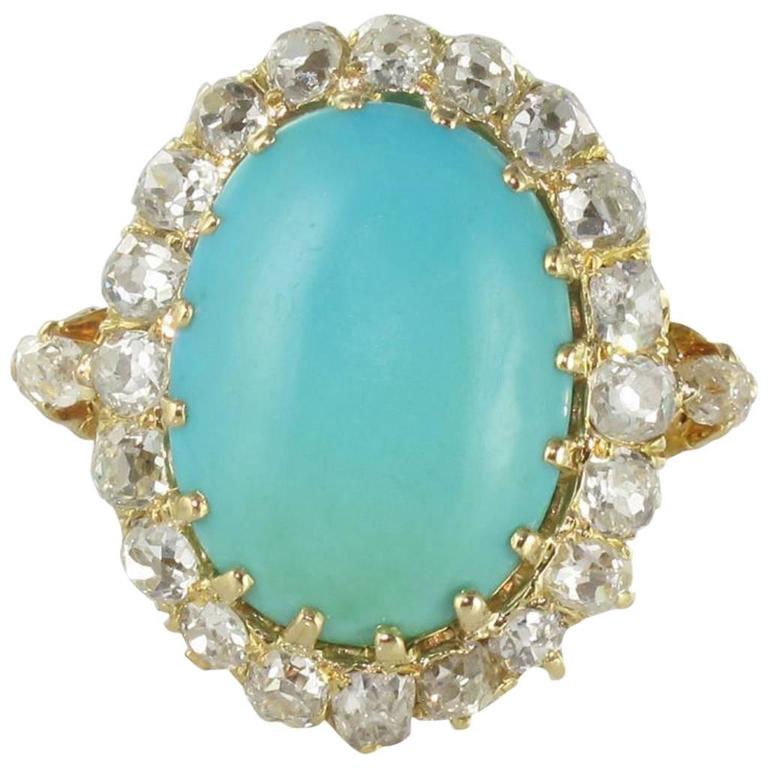 Antique Turquoise Cabochon Diamond Gold Ring For Sale at 1stdibs