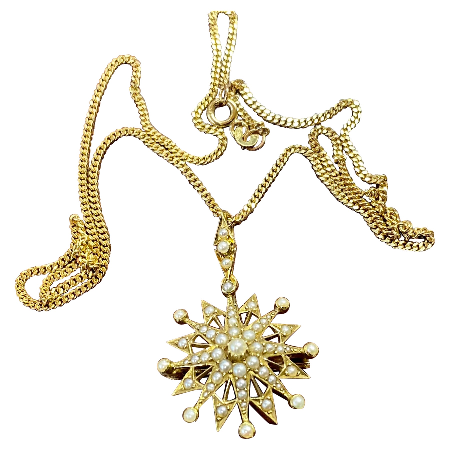 14 Karat Gold Star Pendant with Pearls. For Sale