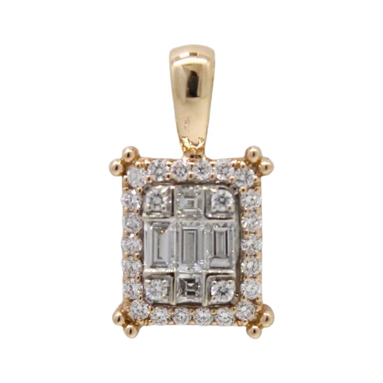 18K Small Illusion Set Baguette & Round Diamond Pendant For Sale