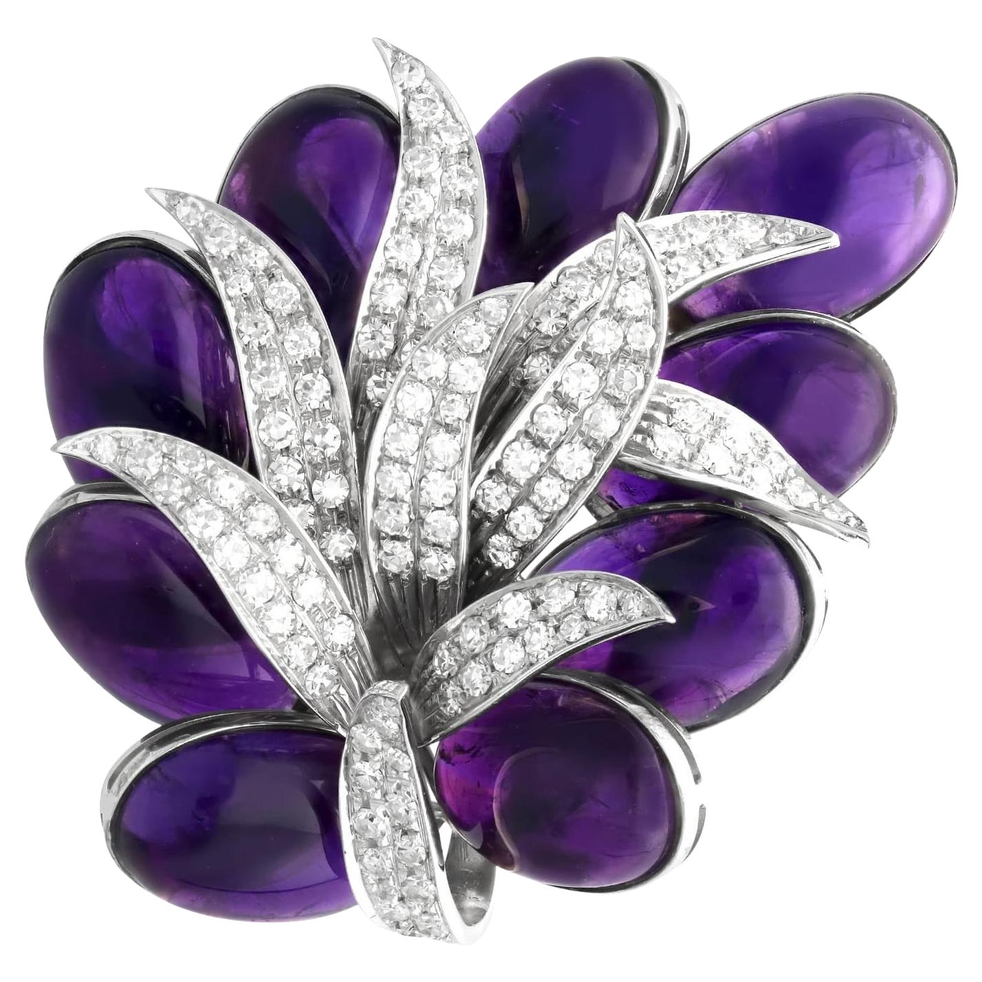 Vintage 55Ct Amethyst and 3.02Ct Diamond 18k White Gold Brooch Circa 1950 For Sale