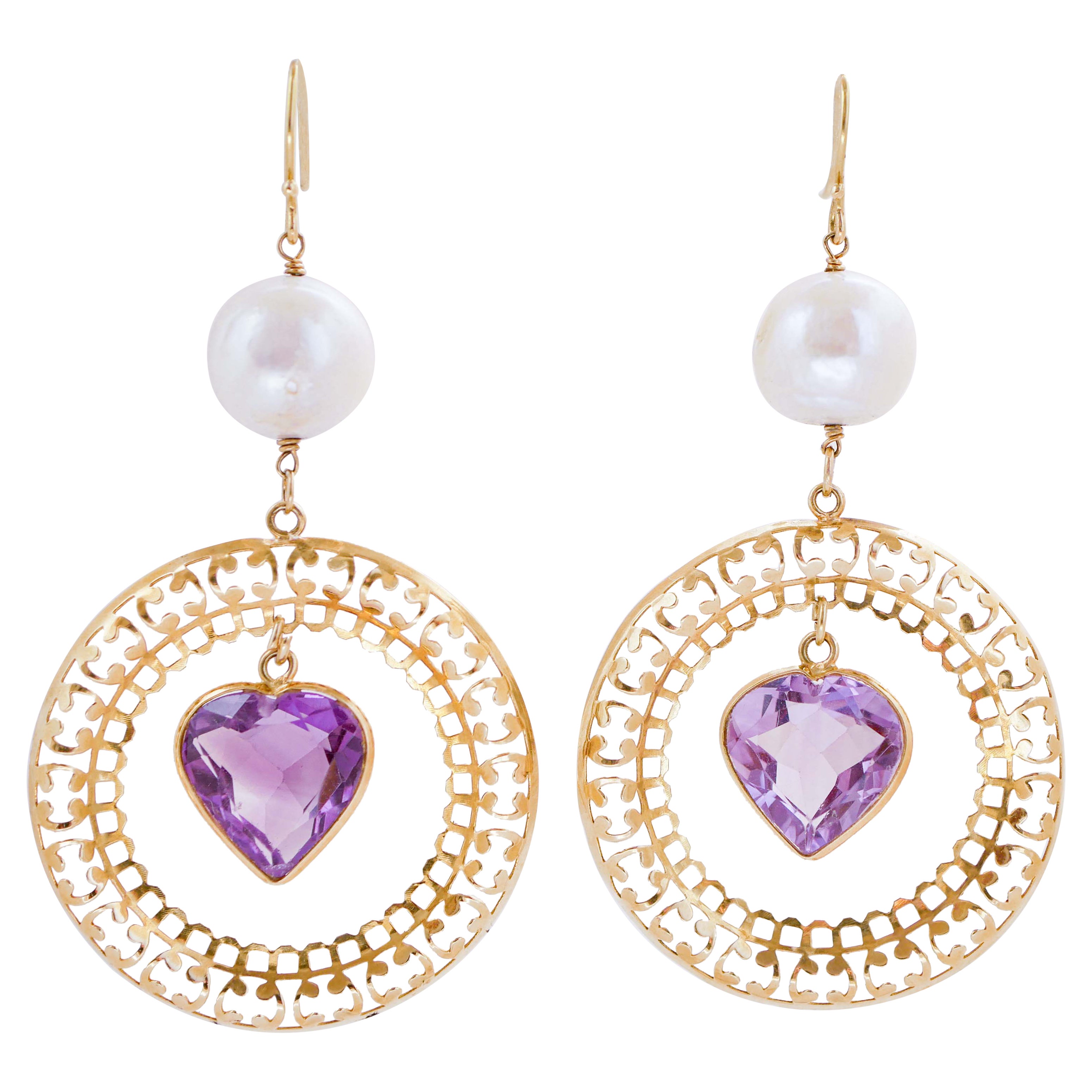 Amethysts, Pearls, 18 Karat Yellow Gold Earrings.