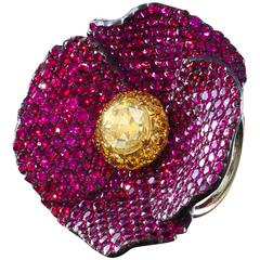 Diamond Ruby Poppy Flower Platinum and Gold Ring