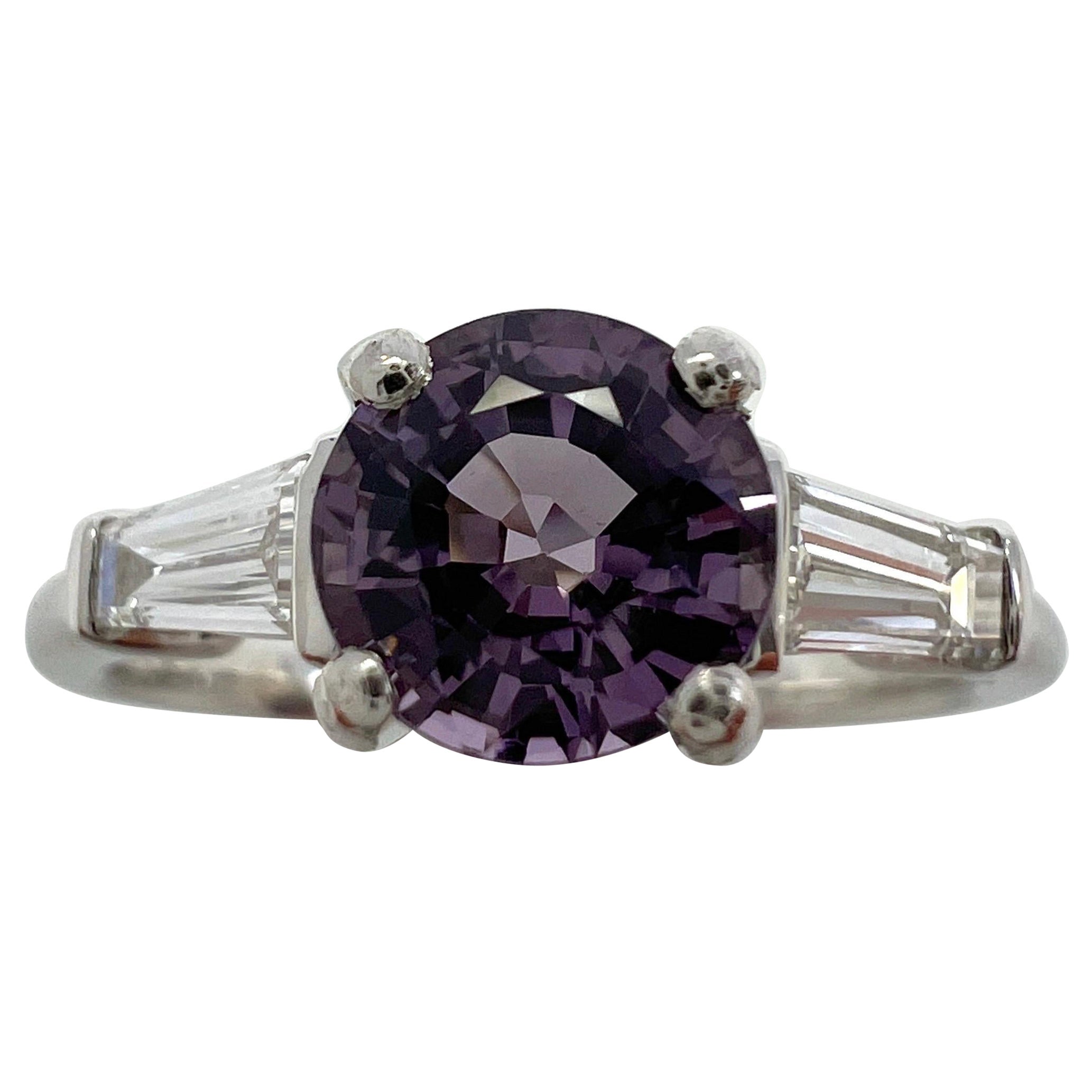 1.20ct Vivid Lilac Purple Spinel & Diamond Platinum Round Cut Three Stone Ring