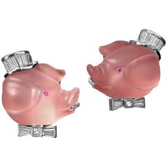 Rose Quartz Diamond Ruby Gold Piglet Cufflinks