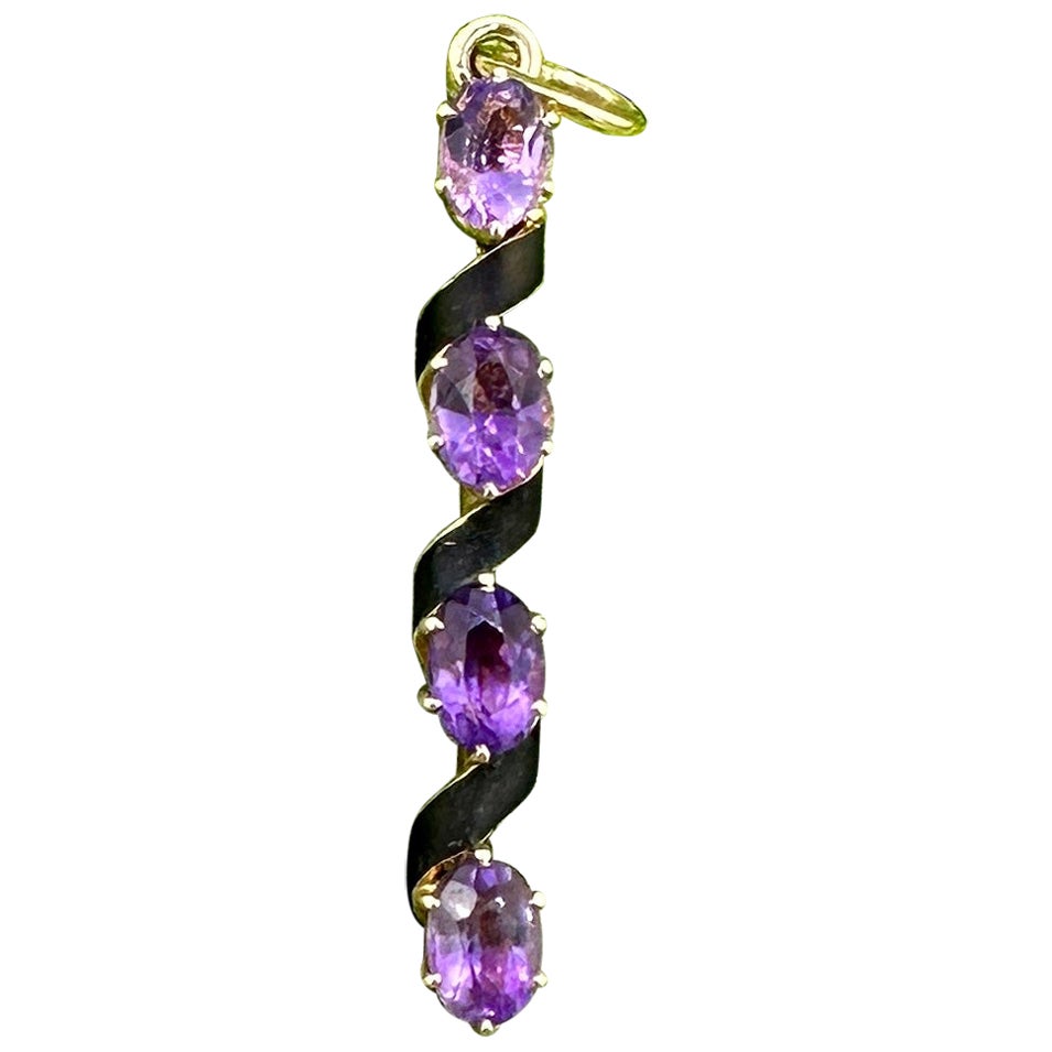 Art Deco Amethyst Enamel Lavaliere Pendant Necklace Antique 14K Gold For Sale