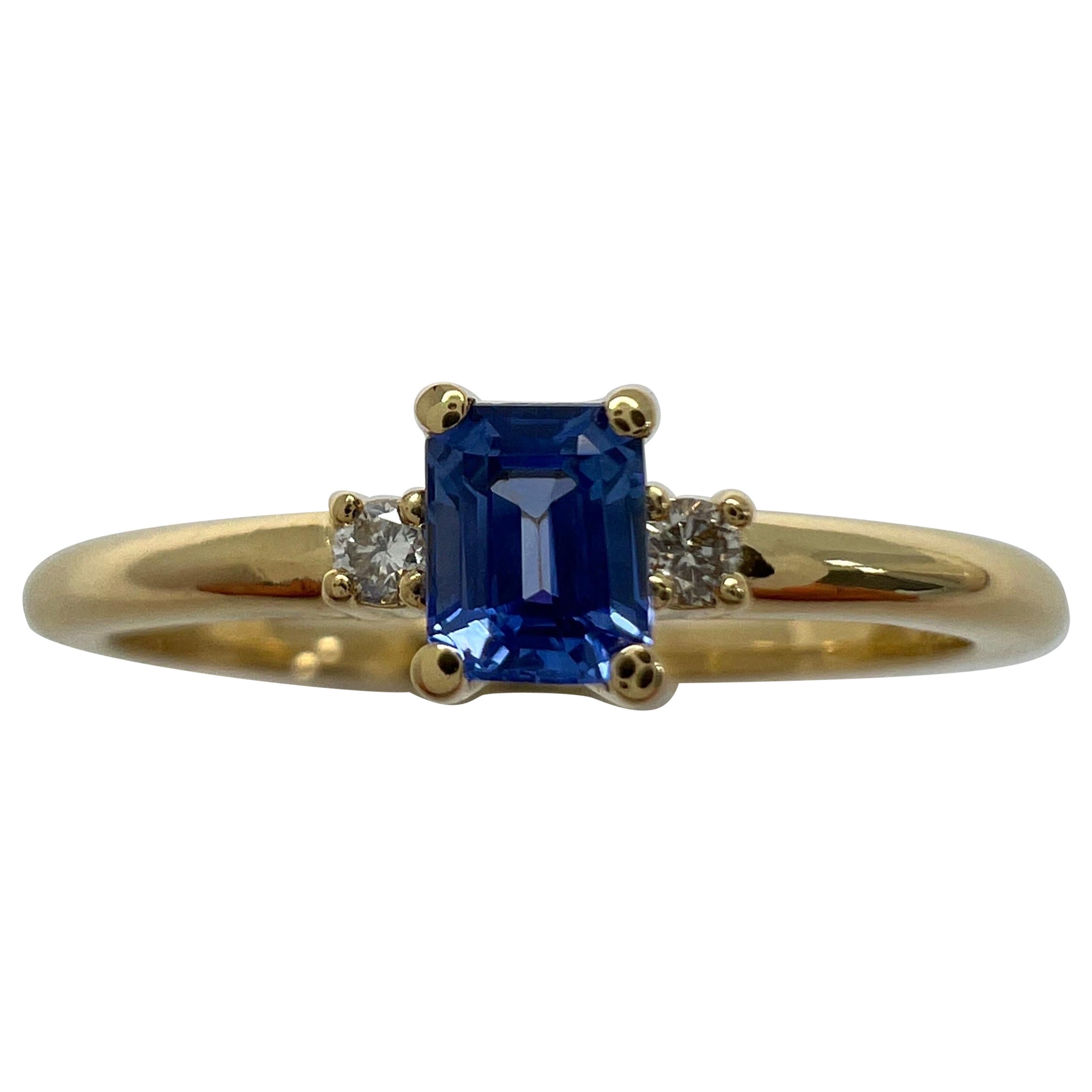 Delicate Ceylon Blue Emerald Cut Sapphire & Diamond Three Stone 18k Gold Ring For Sale