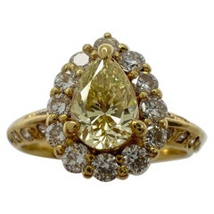 Antique Natural Fancy Yellow Diamond Pear Cut 18k Yellow Gold Cocktail Cluster Ring