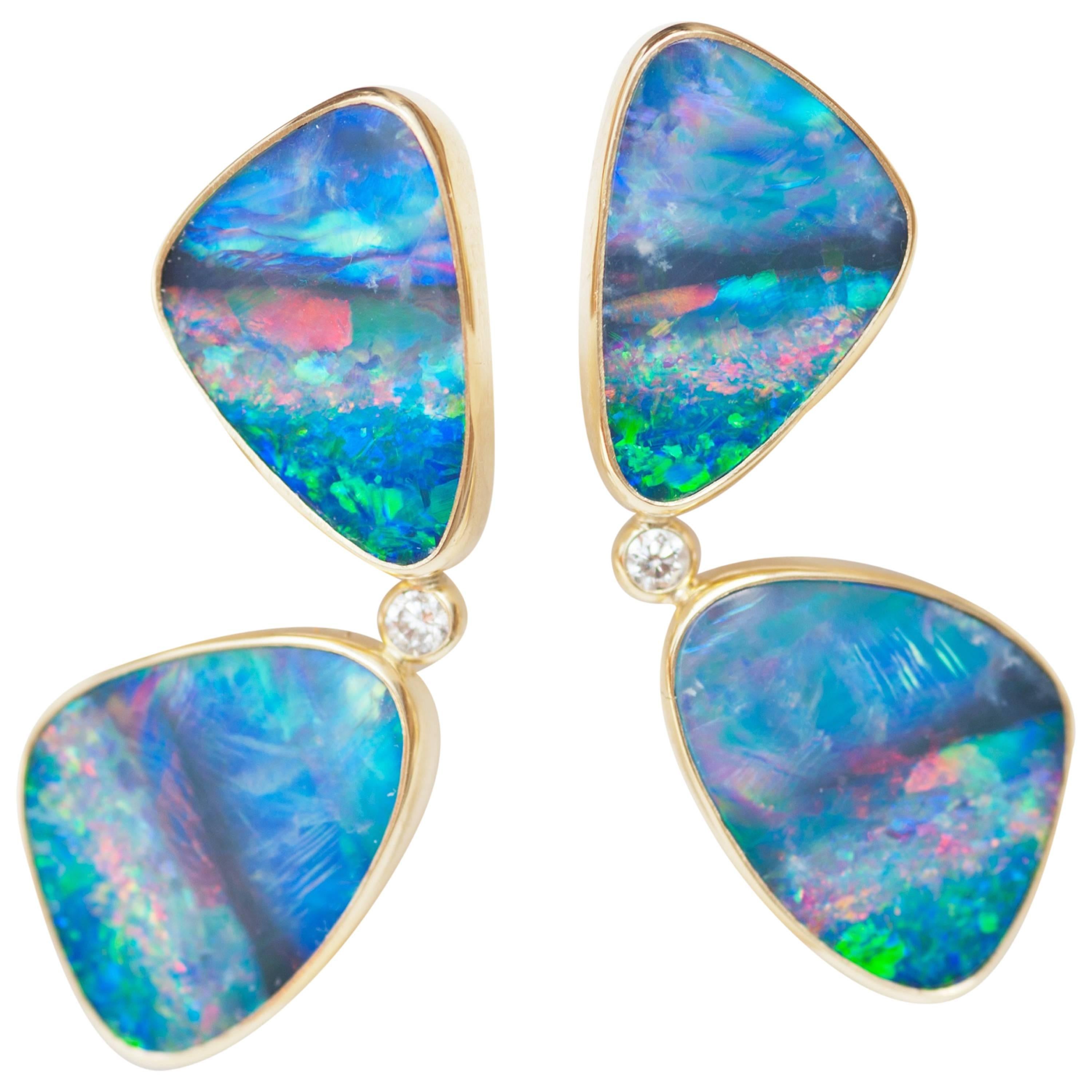 Australian Boulder Opal Diamond Gold Butterfly Earrings