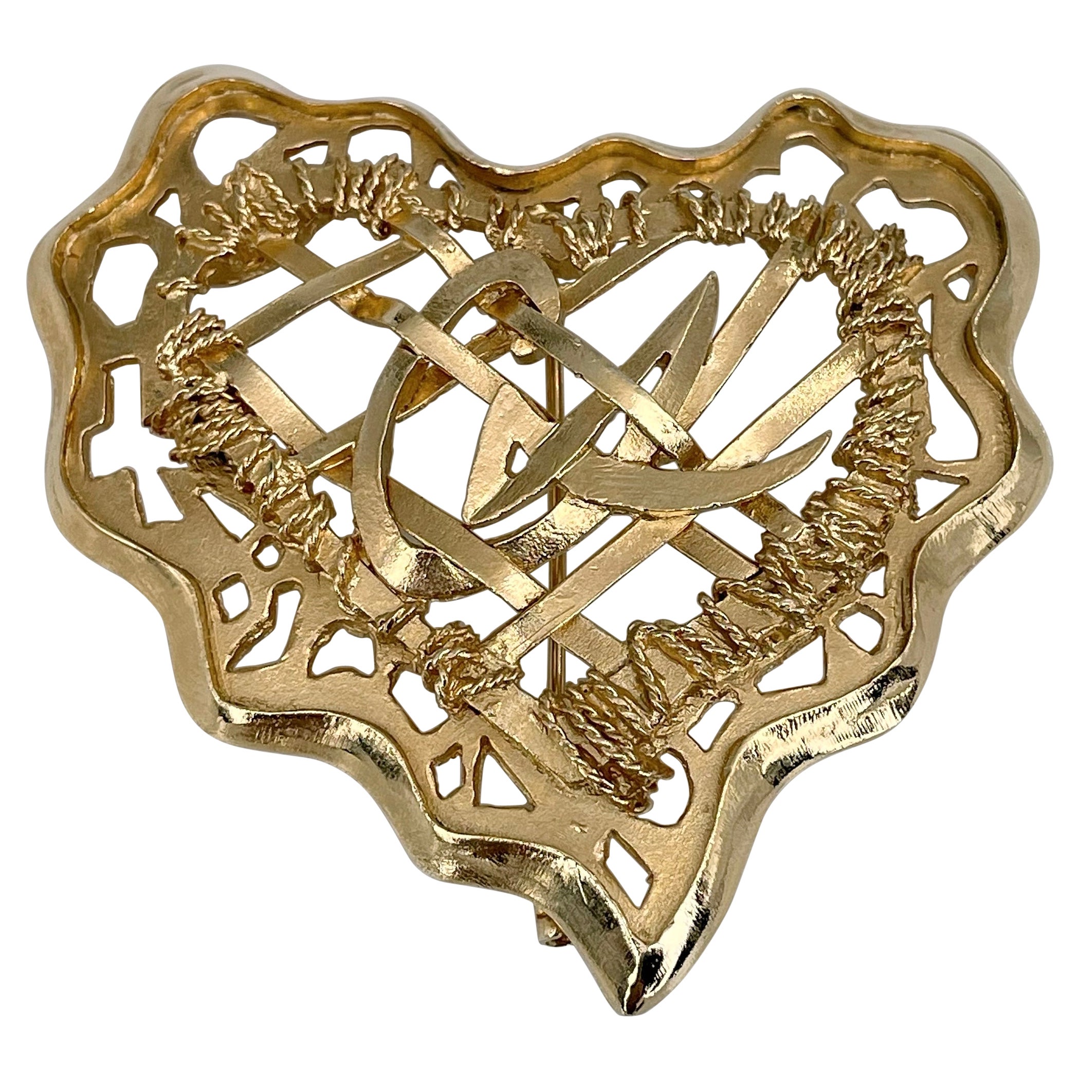 1990s Vintage Christian Lacroix Gold Tone Openwork Design CL Heart Pin Brooch