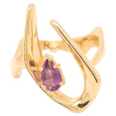 Retro Space Age 14k Gold & Amethyst Modernist Ring