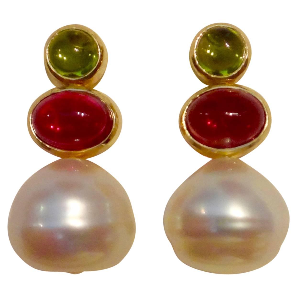 Baroque South Seas Pearl Peridot Pink Tourmaline Cabochon Drop Earring