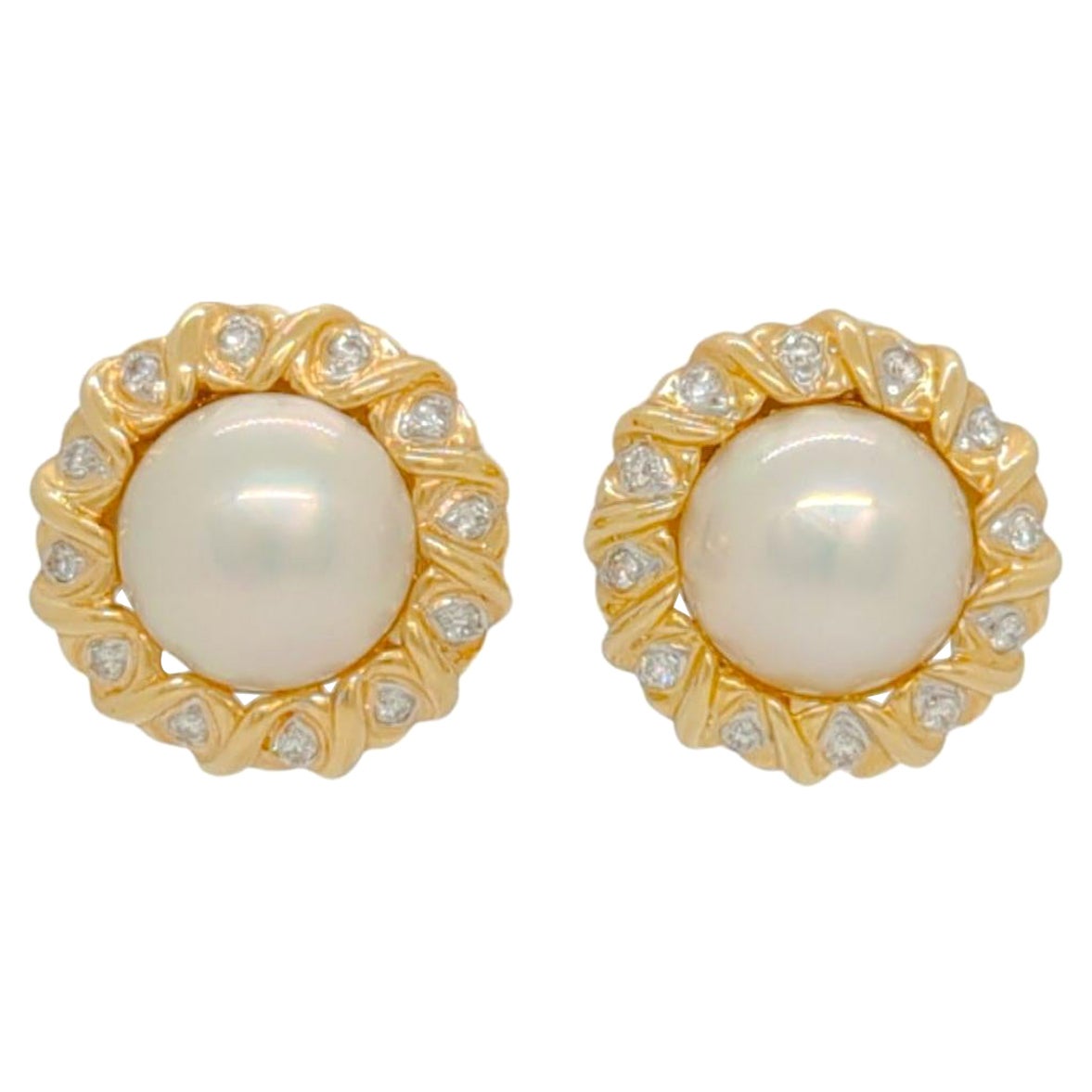 Mabe White Pearl with Round Diamond Lever Back Earrings in 14K Yellow Gold
