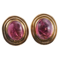 Vintage Leo de Vroomen Pink Tourmaline Cabochon Gold Earrings