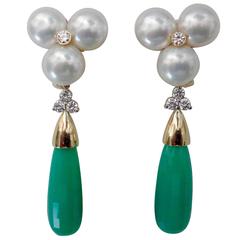 White Pearl Diamond Removable Chrysoprase Drop Earrings 11