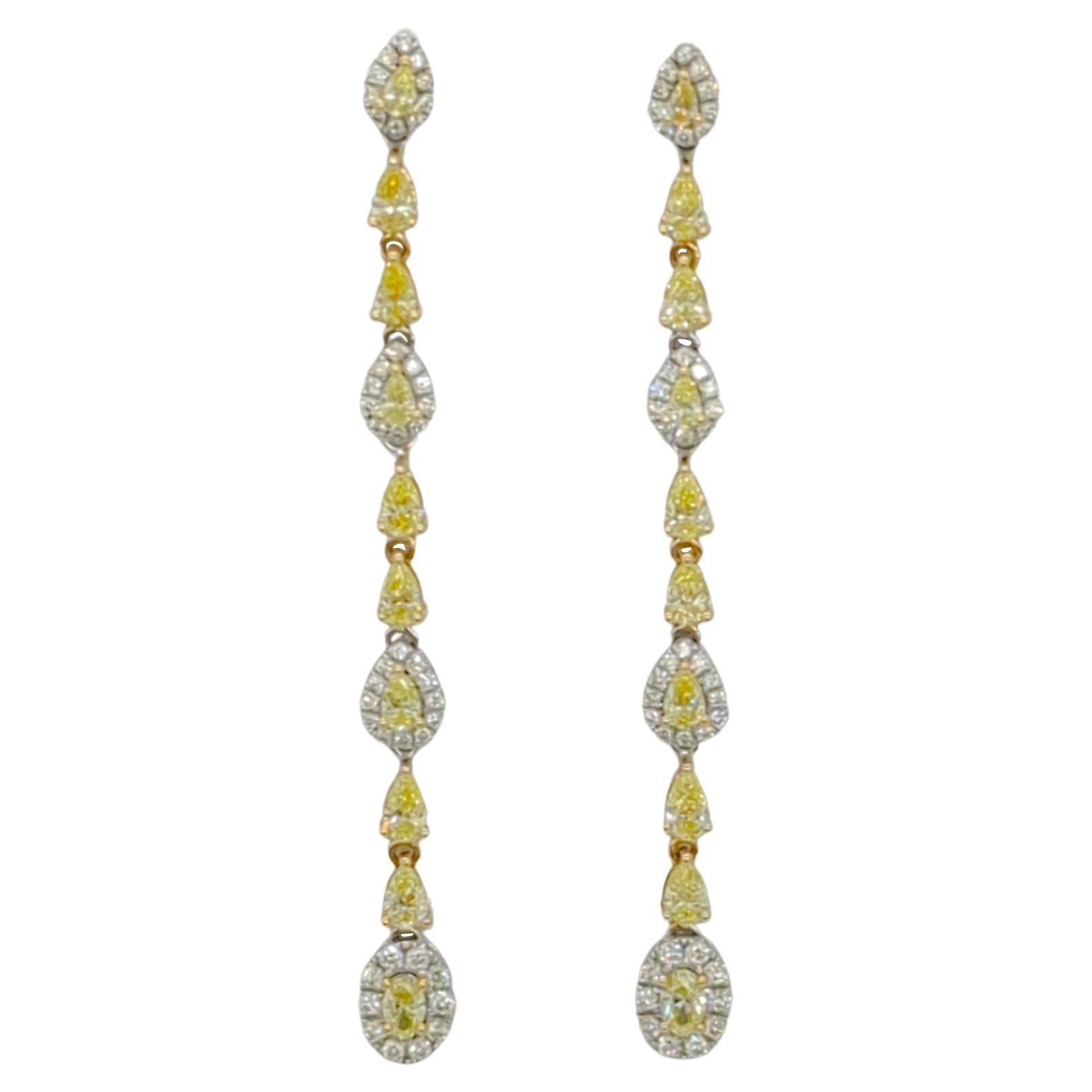 Fancy Yellow Pear Shape & White Round Diamond Dangle Earrings in 14K 2 Tone Gold
