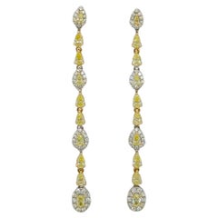 Fancy Yellow Pear Shape & White Round Diamond Dangle Earrings in 14K 2 Tone Gold